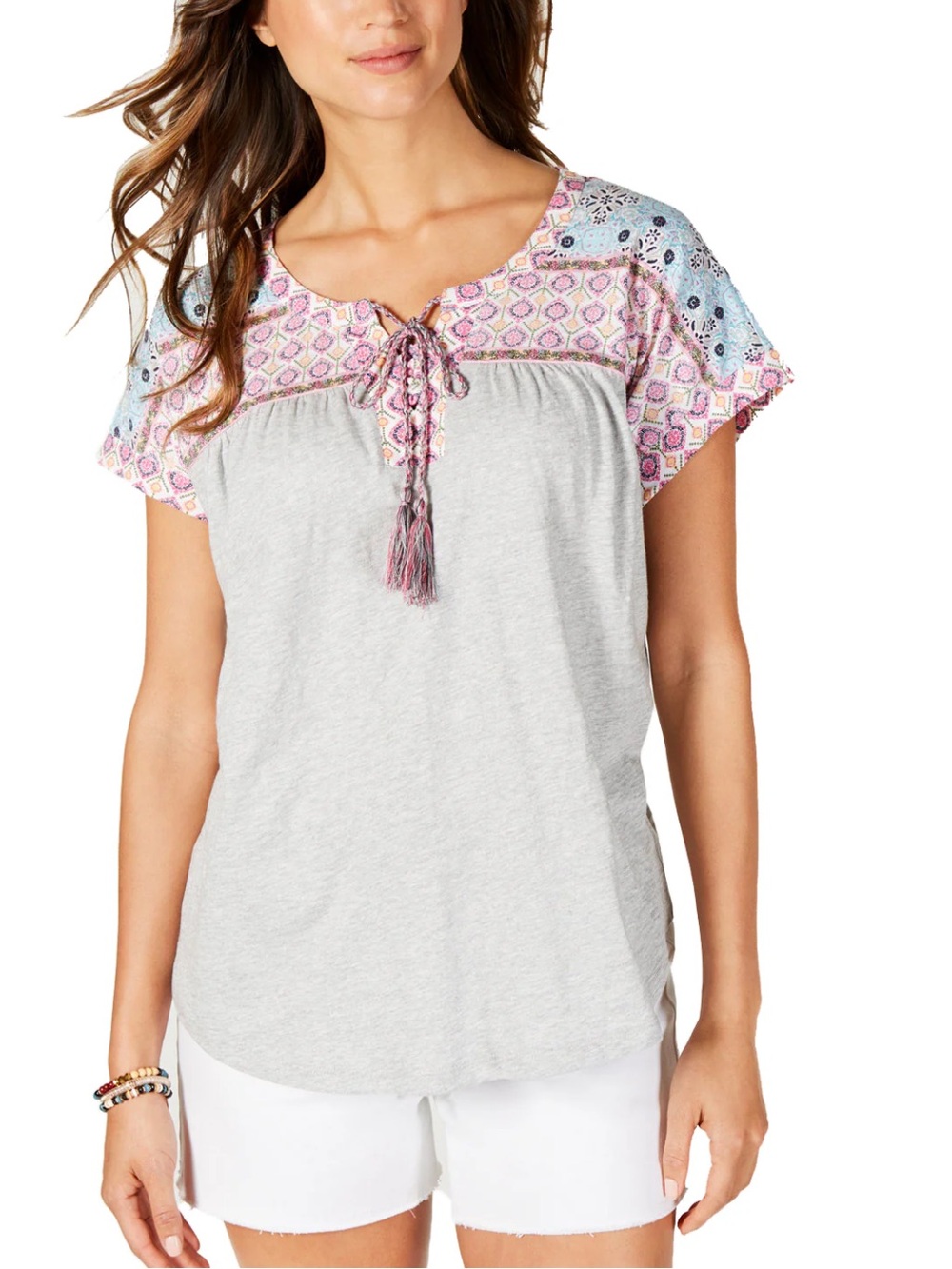 Style & Co Boho Blouse Top Tassels Gray/Pink Sz Small Petite Peasant Cottagecore